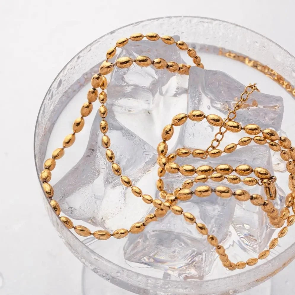 18inches / N2193 N2193 Jewelry Waterproof 18K Gold Plated Stainless Steel Double Layer Oval Bead Chain Necklace for Women