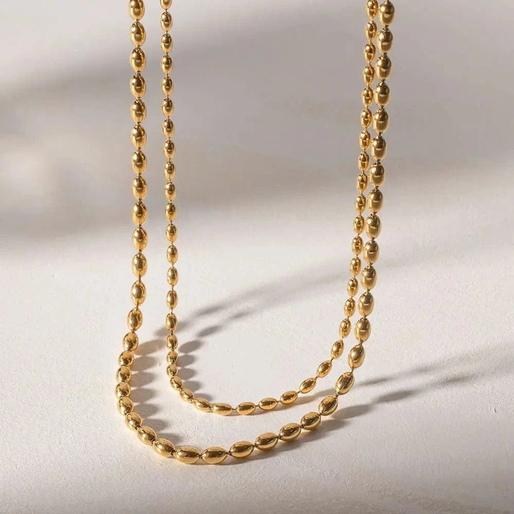 18inches / N2193 N2193 Jewelry Waterproof 18K Gold Plated Stainless Steel Double Layer Oval Bead Chain Necklace for Women