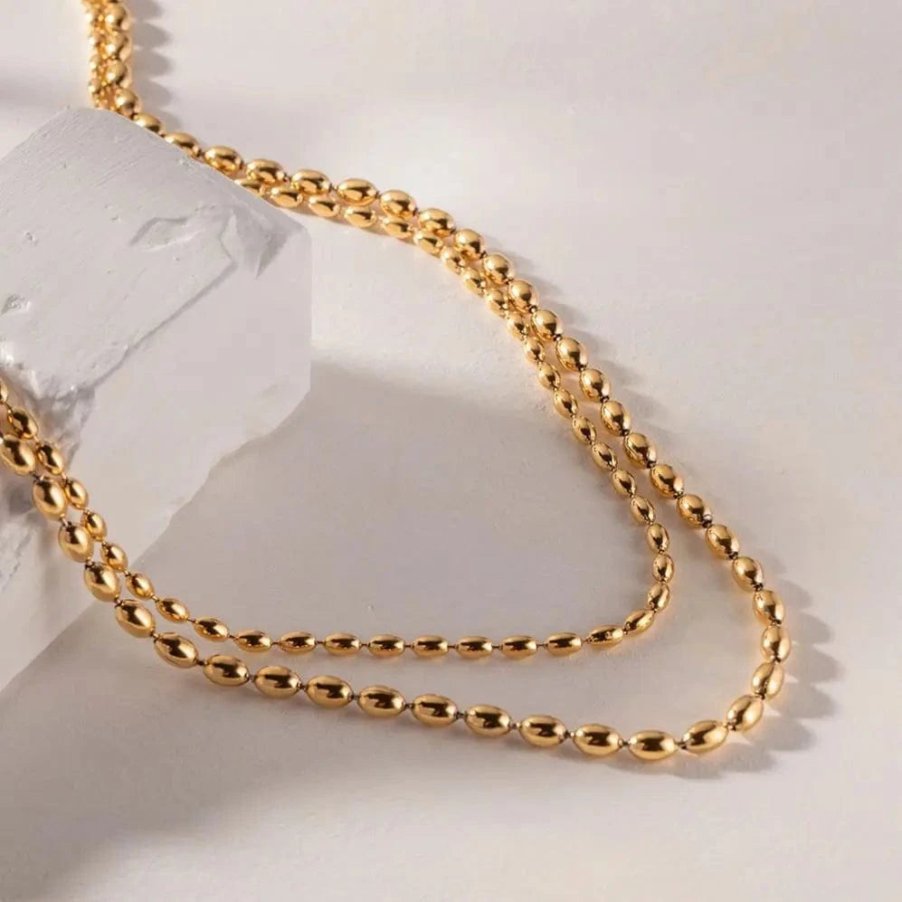18inches / N2193 N2193 Jewelry Waterproof 18K Gold Plated Stainless Steel Double Layer Oval Bead Chain Necklace for Women