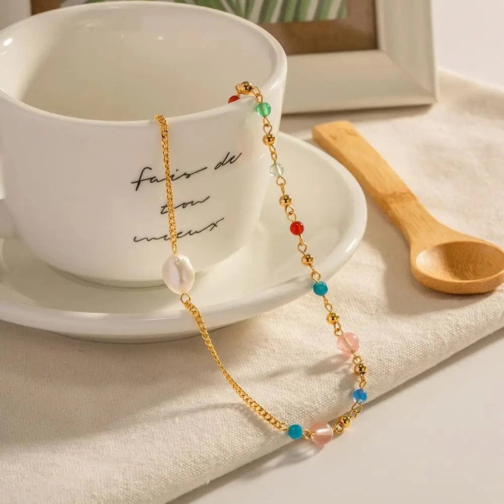 18inches / N2320 N2320 18K Gold Plated Stainless Steel Jewelry Gift Candy Color Natural Stone Freshwater Pearl Choker Necklace