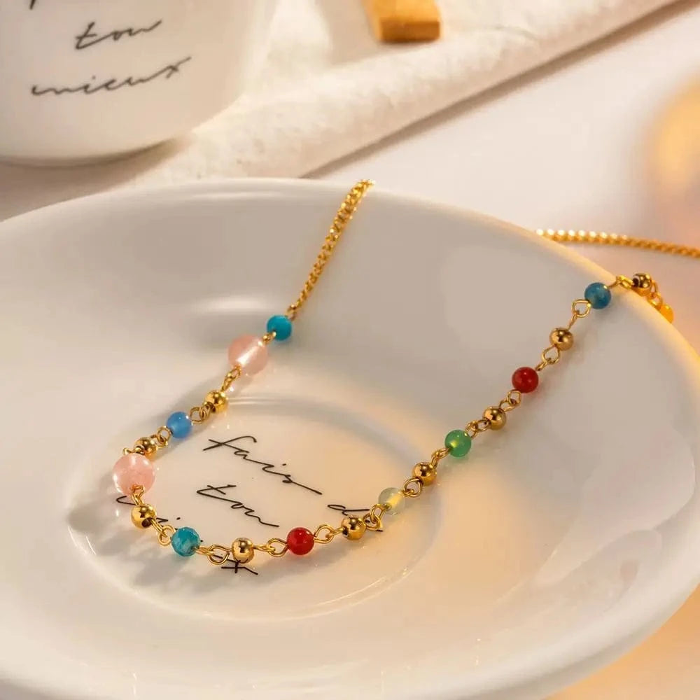 18inches / N2320 N2320 18K Gold Plated Stainless Steel Jewelry Gift Candy Color Natural Stone Freshwater Pearl Choker Necklace