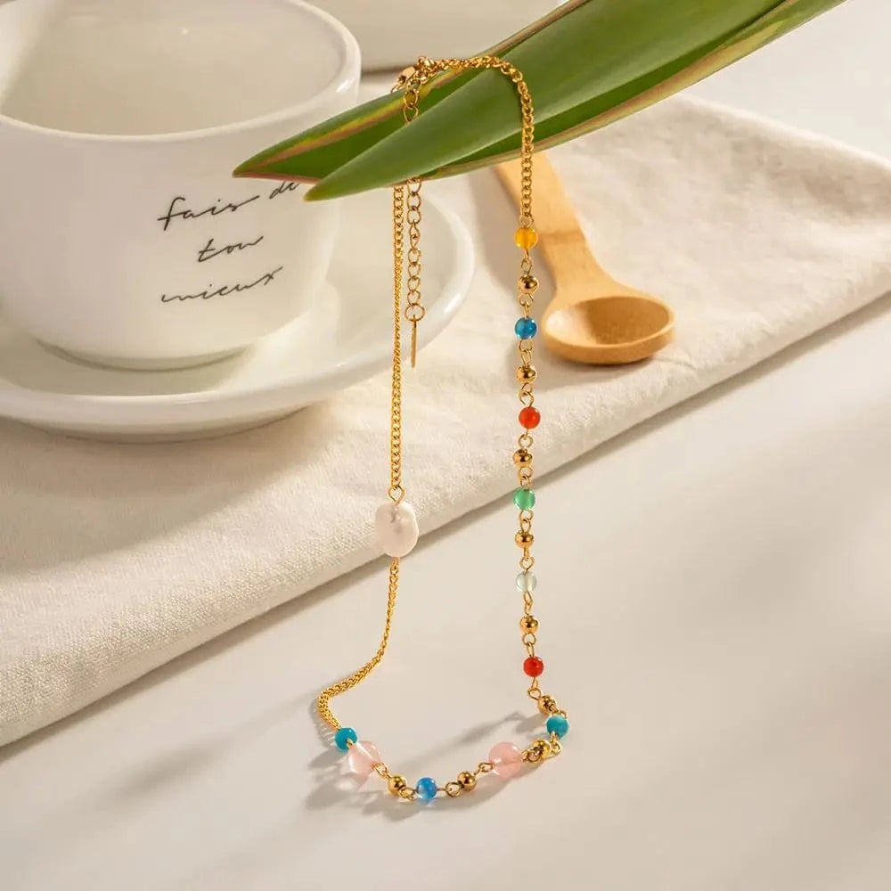 18inches / N2320 N2320 18K Gold Plated Stainless Steel Jewelry Gift Candy Color Natural Stone Freshwater Pearl Choker Necklace