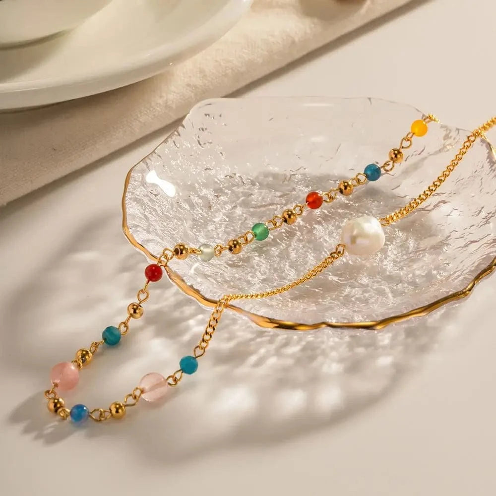 18inches / N2320 N2320 18K Gold Plated Stainless Steel Jewelry Gift Candy Color Natural Stone Freshwater Pearl Choker Necklace