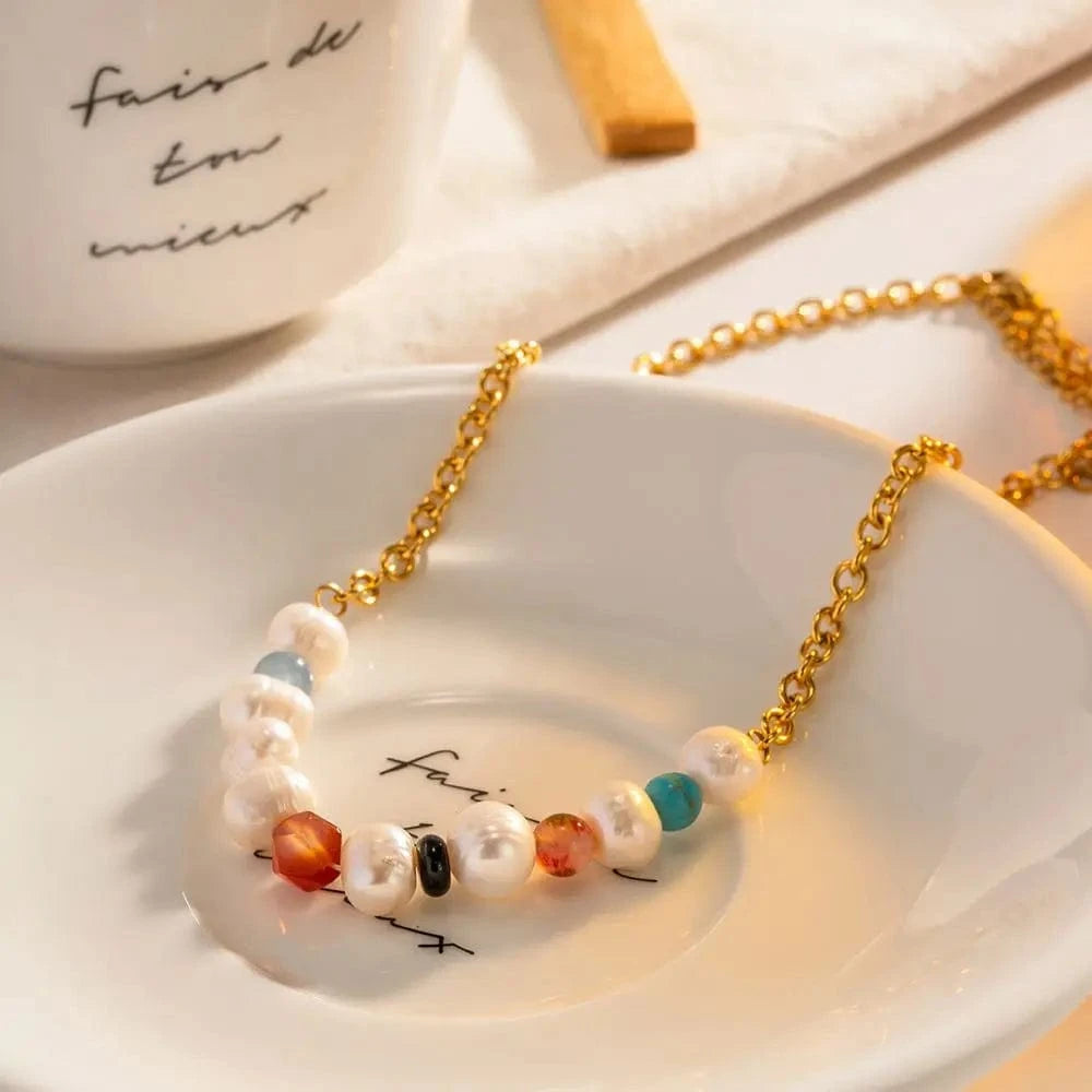 18inches / N2321 N2321 18K Gold Plated Stainless Steel Jewelry Gift Splicing Natural Stone Pearl Colorful Choker Necklace
