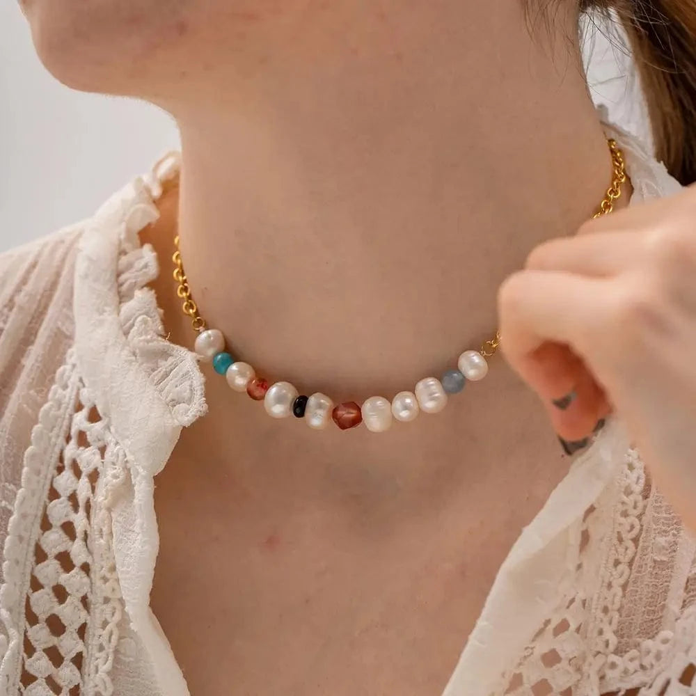 18inches / N2321 N2321 18K Gold Plated Stainless Steel Jewelry Gift Splicing Natural Stone Pearl Colorful Choker Necklace