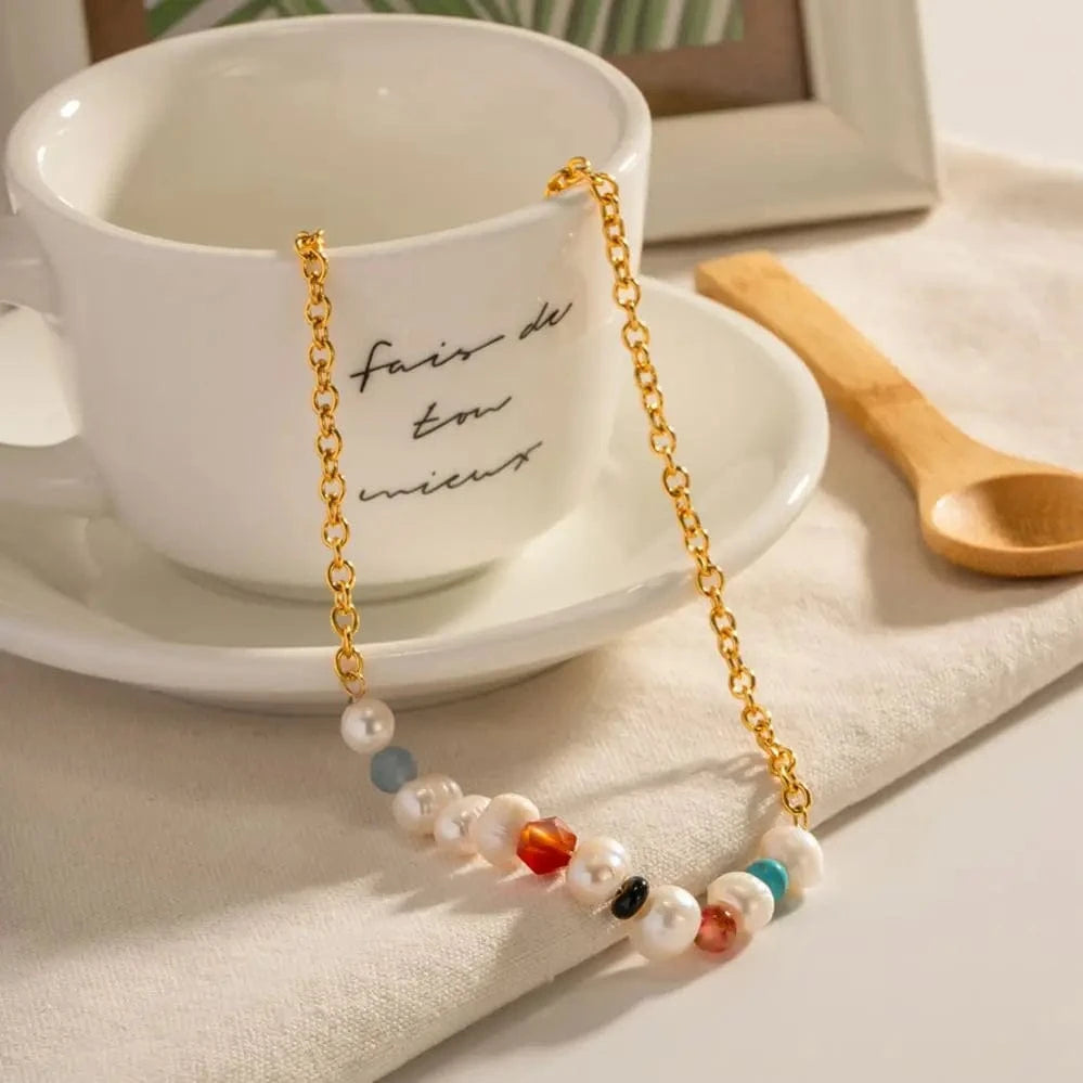 18inches / N2321 N2321 18K Gold Plated Stainless Steel Jewelry Gift Splicing Natural Stone Pearl Colorful Choker Necklace