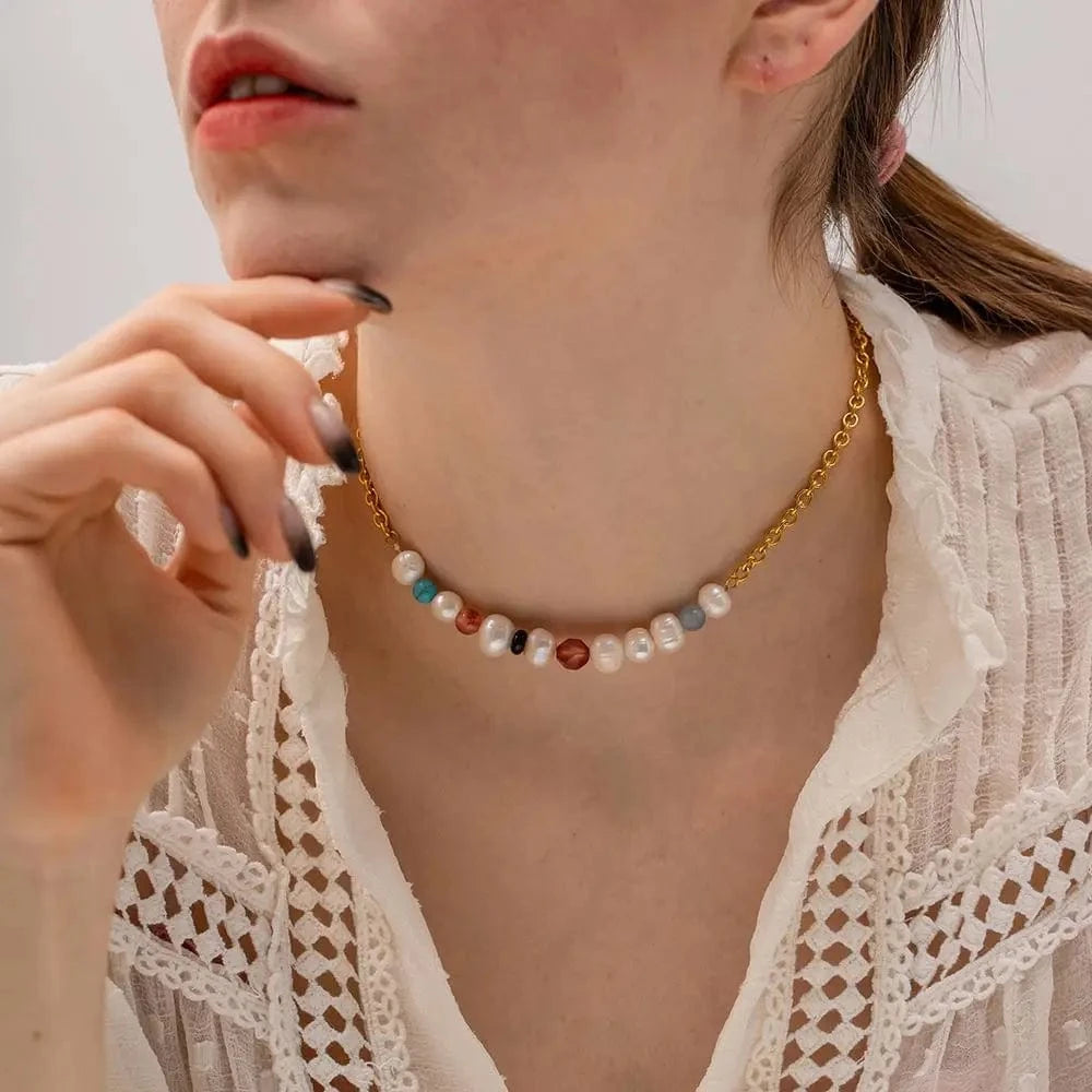 18inches / N2321 N2321 18K Gold Plated Stainless Steel Jewelry Gift Splicing Natural Stone Pearl Colorful Choker Necklace