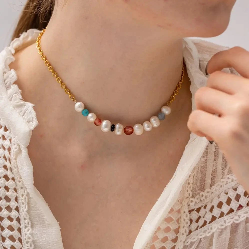 18inches / N2321 N2321 18K Gold Plated Stainless Steel Jewelry Gift Splicing Natural Stone Pearl Colorful Choker Necklace