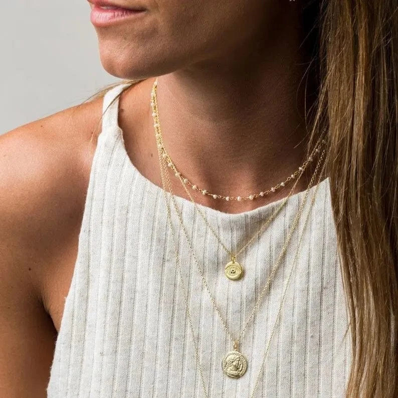 18inches / N2331 N2331 New Trendy 18K Gold Plated Stainless Steel Jewelry  Waterproof Retro Pearl Choker Necklace for Women