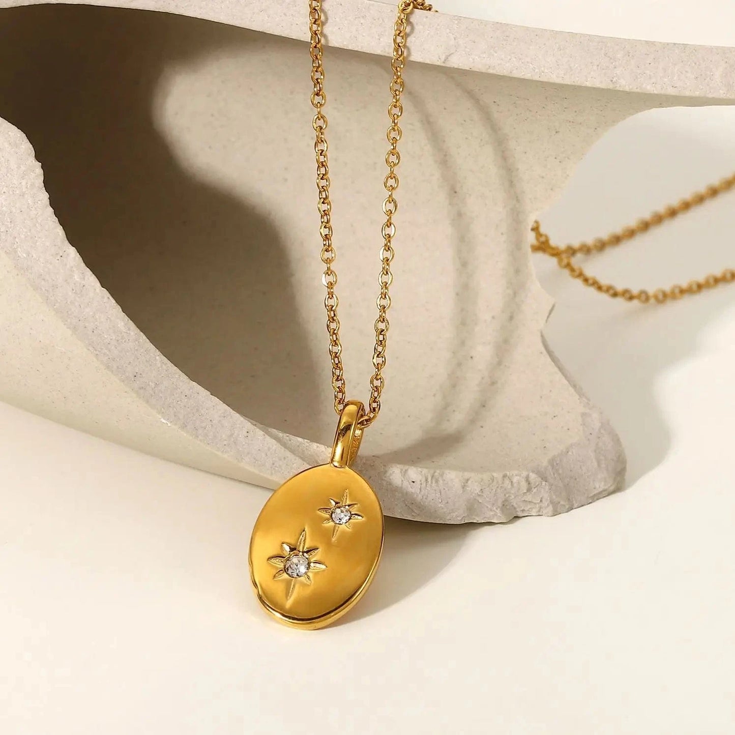 18inches / N2388 N2388 Dainty 18k Gold Plated  Cubic Zirconia Oval Pendant Necklace Eight-Pointed Start Stainless Steel necklace