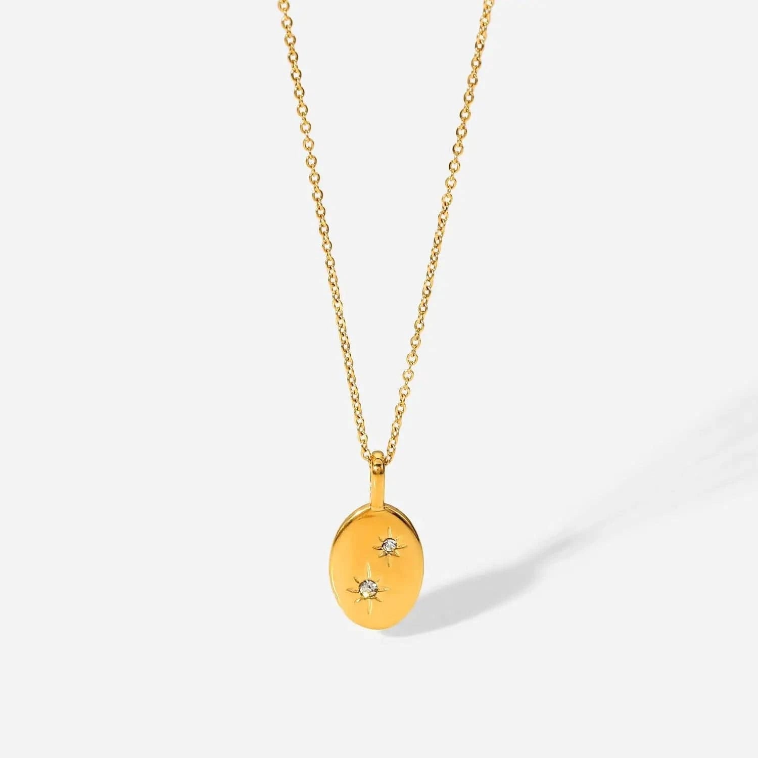 18inches / N2388 N2388 Dainty 18k Gold Plated  Cubic Zirconia Oval Pendant Necklace Eight-Pointed Start Stainless Steel necklace