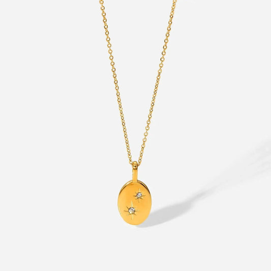 18inches / N2388 N2388 Dainty 18k Gold Plated  Cubic Zirconia Oval Pendant Necklace Eight-Pointed Start Stainless Steel necklace