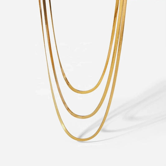 18inches / N2389 N2389 18K Gold Plated 3mm Snake Chain Layer Necklace Stainless Steel Triple Layer Snake Chain Necklace
