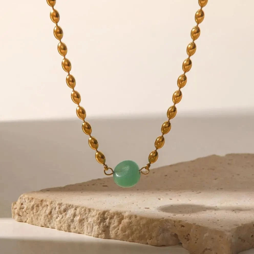 18inches / N2427 N2427 Stainless Steel 18K Gold Plated Jewelry Green Natural Stone Oval Golden Bead Necklace for Women
