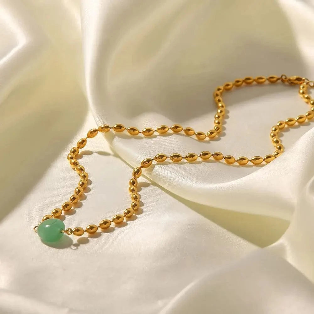 18inches / N2427 N2427 Stainless Steel 18K Gold Plated Jewelry Green Natural Stone Oval Golden Bead Necklace for Women
