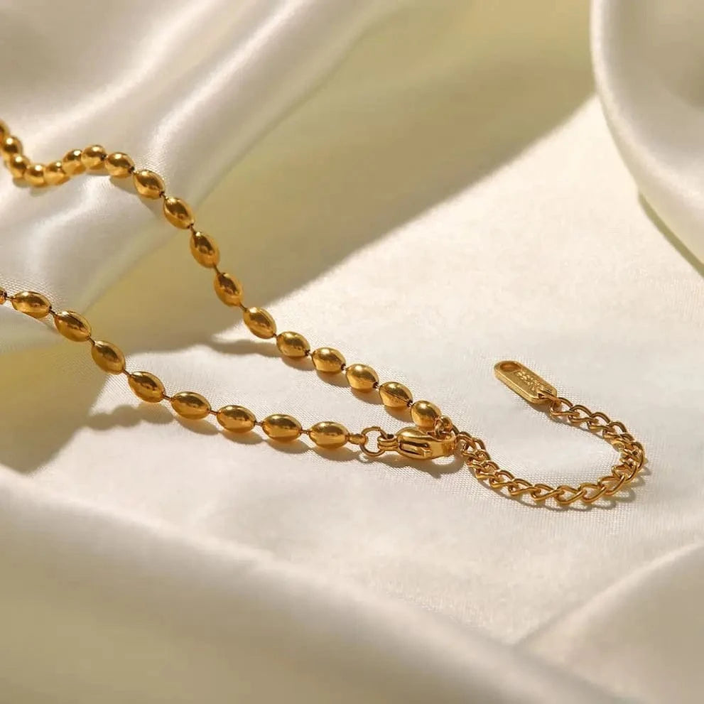 18inches / N2427 N2427 Stainless Steel 18K Gold Plated Jewelry Green Natural Stone Oval Golden Bead Necklace for Women