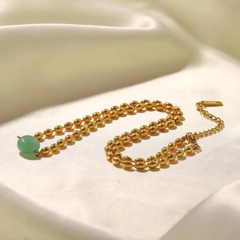 18inches / N2427 N2427 Stainless Steel 18K Gold Plated Jewelry Green Natural Stone Oval Golden Bead Necklace for Women
