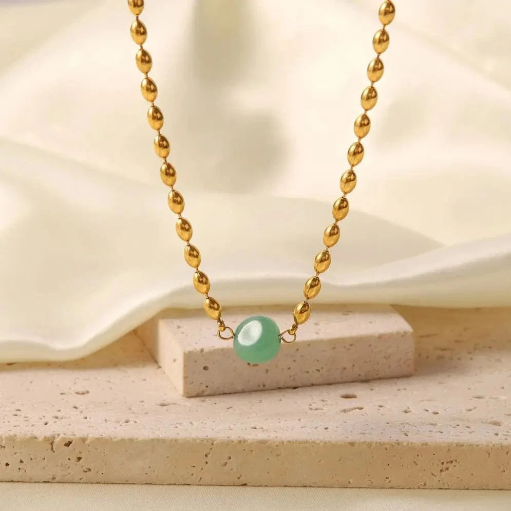 18inches / N2427 N2427 Stainless Steel 18K Gold Plated Jewelry Green Natural Stone Oval Golden Bead Necklace for Women