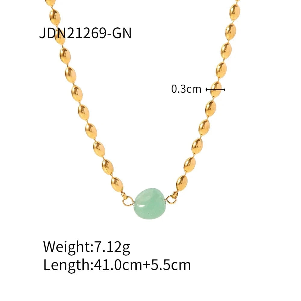18inches / N2427 N2427 Stainless Steel 18K Gold Plated Jewelry Green Natural Stone Oval Golden Bead Necklace for Women