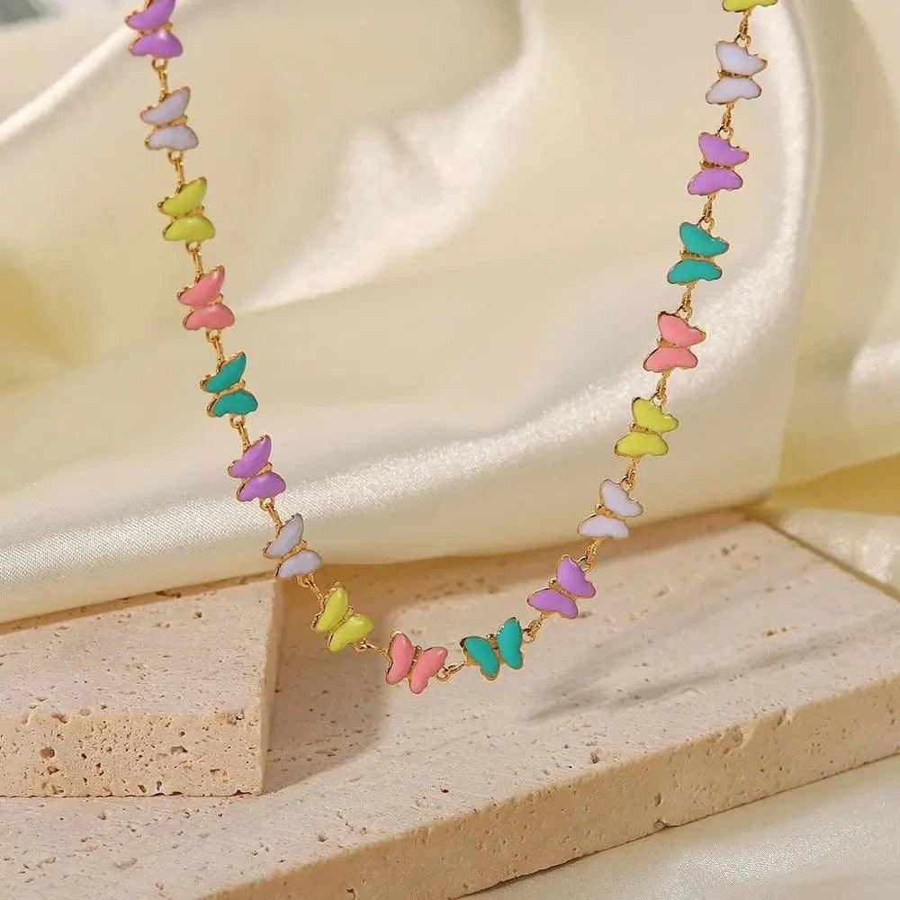 18inches / N2436 N2436 18k Gold Stainless Steel Dripping oil Jewelry Colorful Enamel Butterfly Choker Necklace for Women