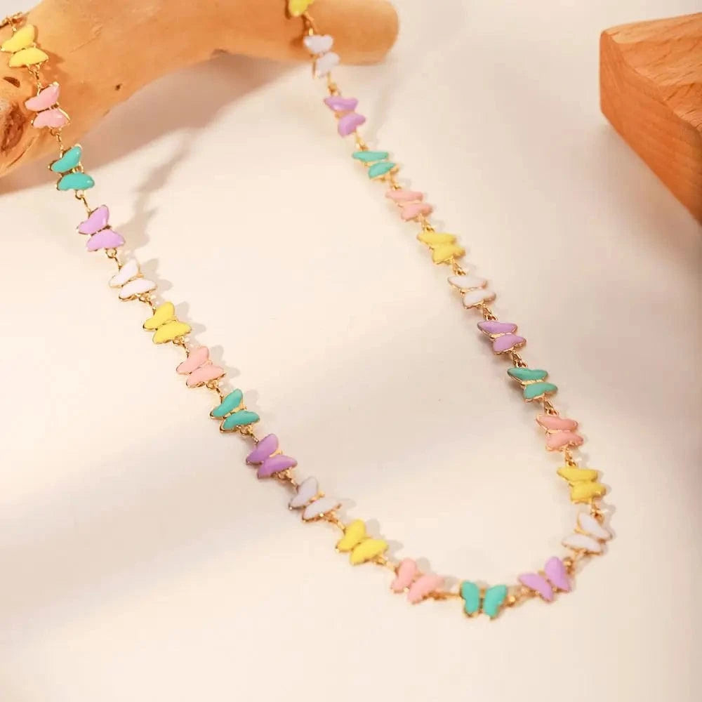 18inches / N2436 N2436 18k Gold Stainless Steel Dripping oil Jewelry Colorful Enamel Butterfly Choker Necklace for Women
