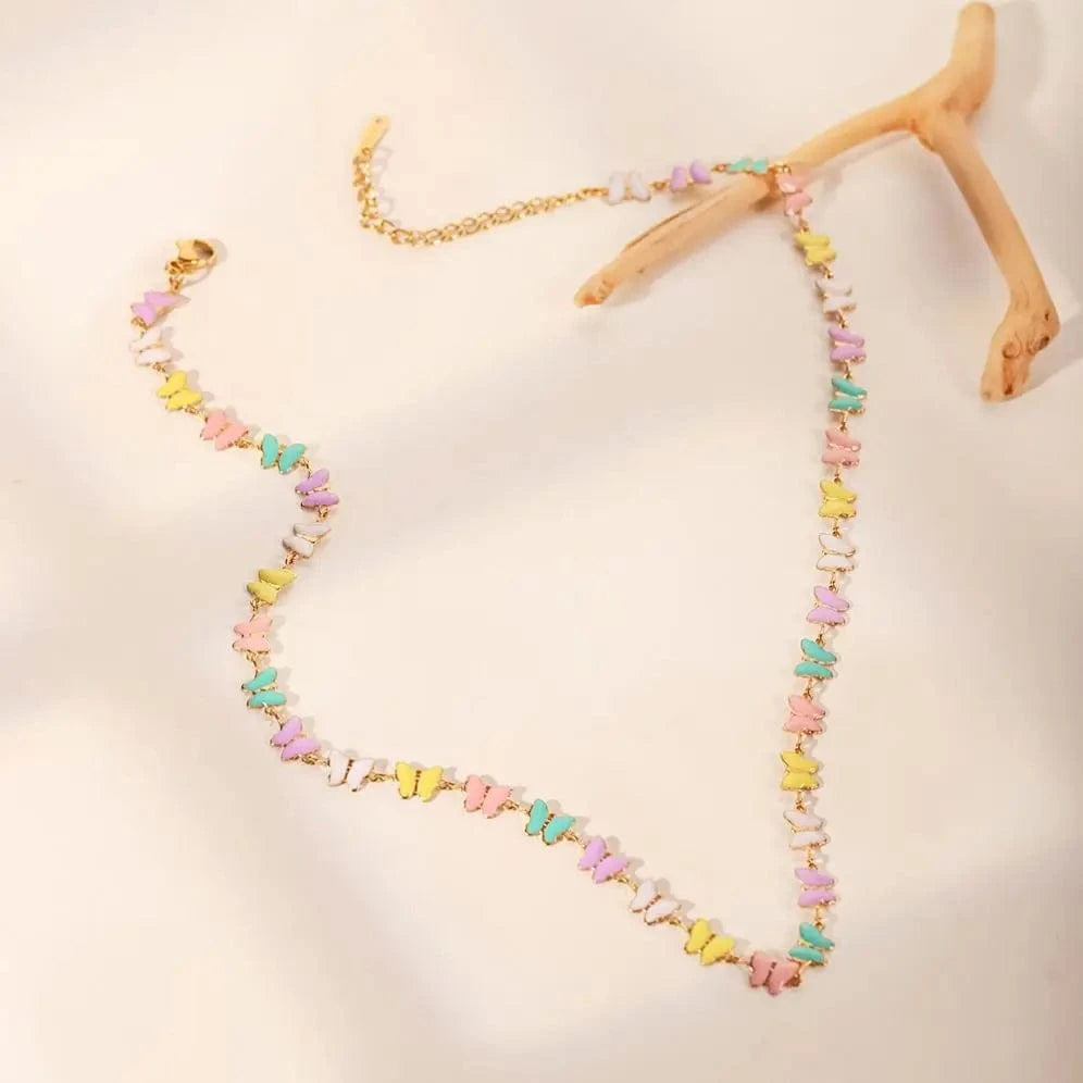18inches / N2436 N2436 18k Gold Stainless Steel Dripping oil Jewelry Colorful Enamel Butterfly Choker Necklace for Women