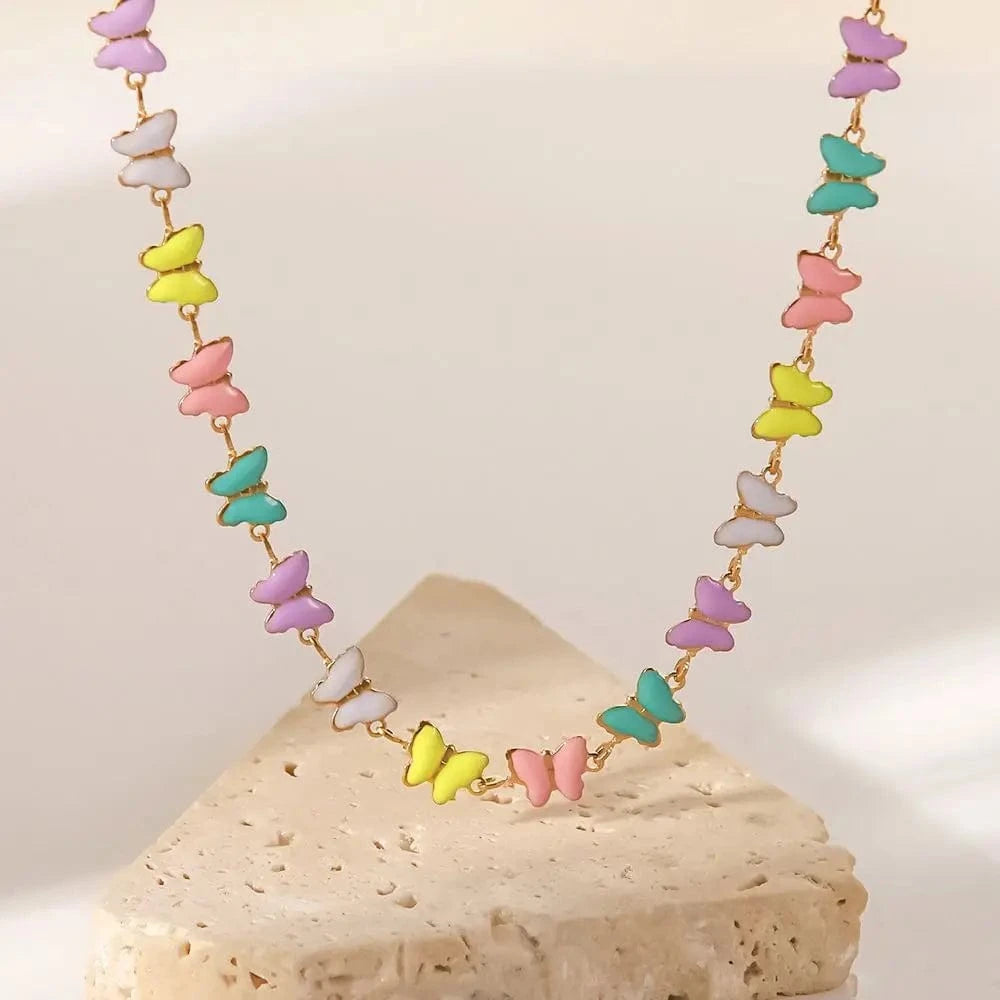18inches / N2436 N2436 18k Gold Stainless Steel Dripping oil Jewelry Colorful Enamel Butterfly Choker Necklace for Women