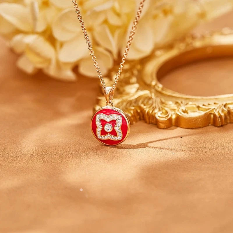 18inches / necklace round Red Enameled Lotus Pendant Necklace Adjustable 925 Silver Gold-Plated Rose Gold Stone Gift Jewelry