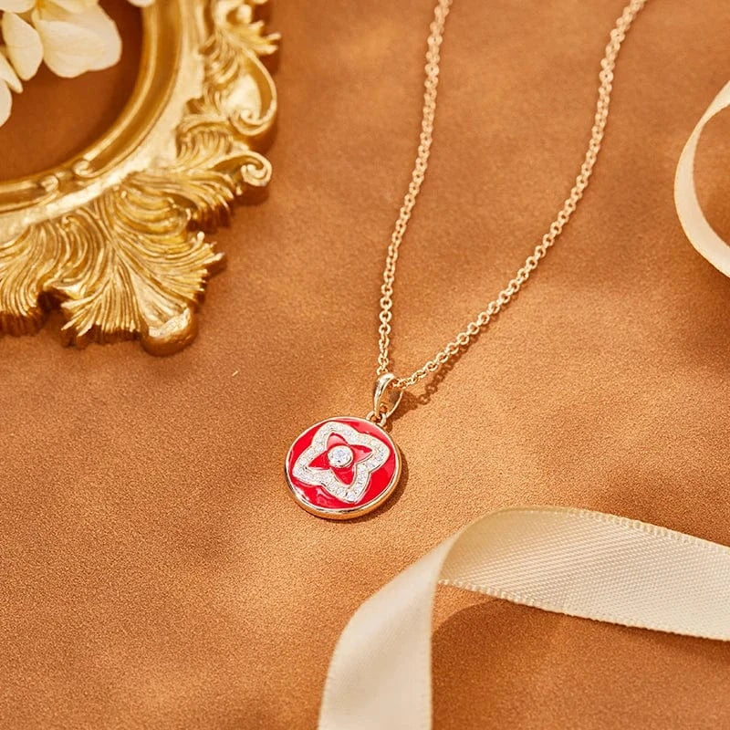 18inches / necklace round Red Enameled Lotus Pendant Necklace Adjustable 925 Silver Gold-Plated Rose Gold Stone Gift Jewelry