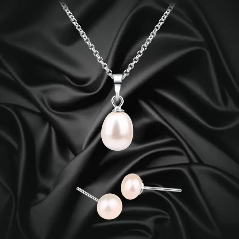 18inches / White Gift jewelry White Fresh Water Pearl Necklace and Earrings Set with 925 silver Studs 925 Silver Chain Pendant Necklace
