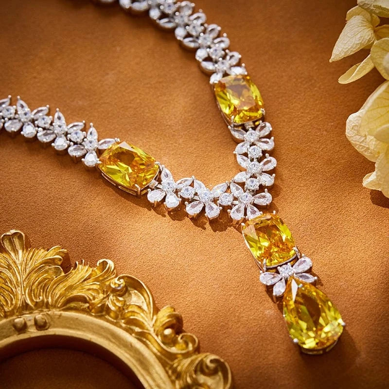 18k copper gold-plated zircon fashionable champagne gold exquisite necklace earrings set, dress accessories, gift jewelry