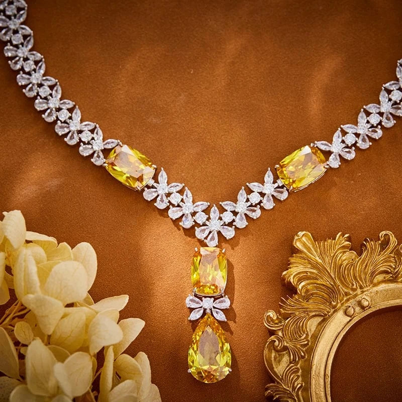 18k copper gold-plated zircon fashionable champagne gold exquisite necklace earrings set, dress accessories, gift jewelry