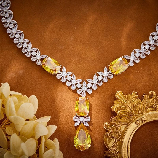 18k copper gold-plated zircon fashionable champagne gold exquisite necklace earrings set, dress accessories, gift jewelry