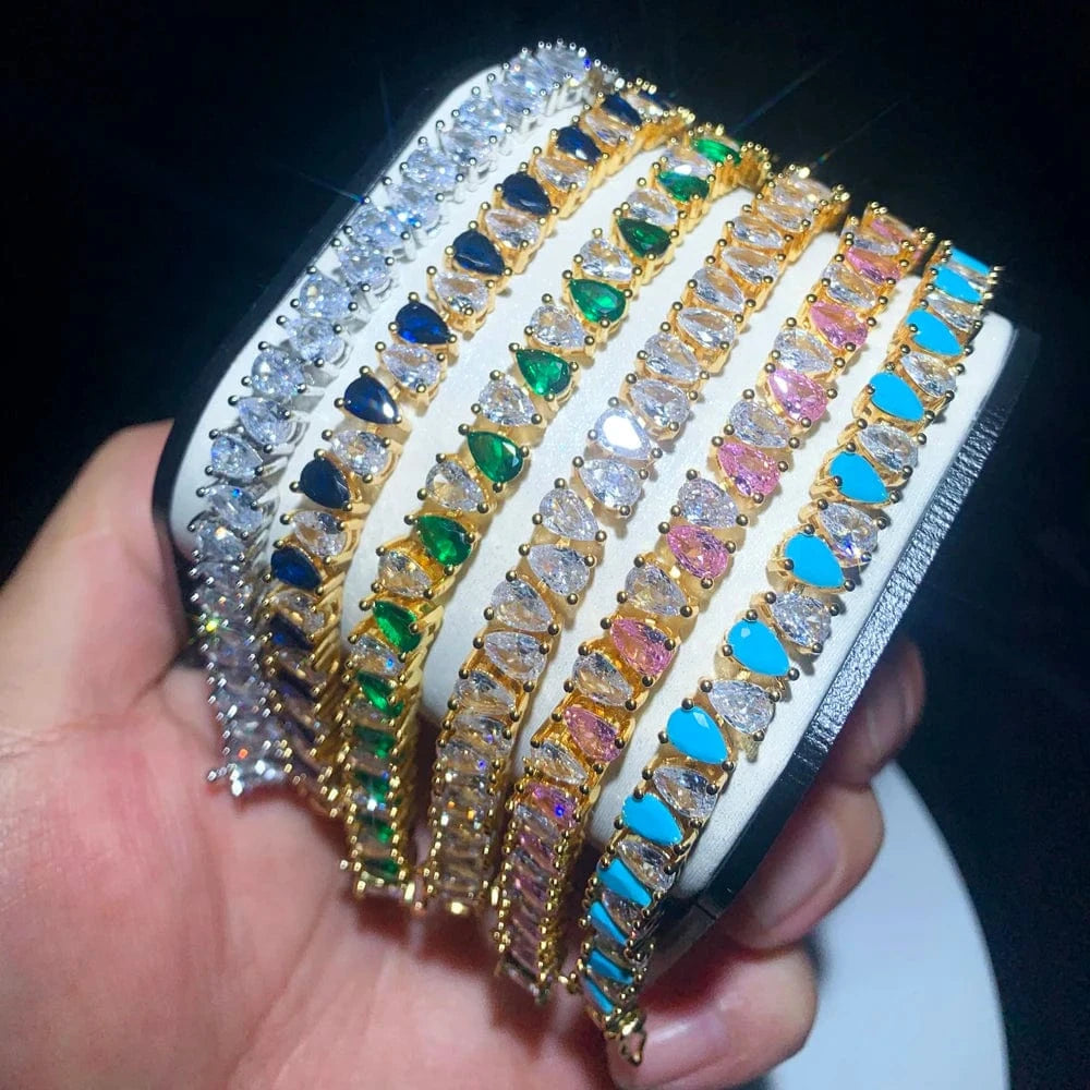 18K Gold Plated 3 Prong Setting Water Drop Tear Drop Zircon Tennis Chain Bracelet CZ Iced Out Diamond Crystal Women Jewelry