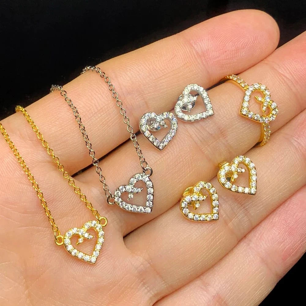 18K Gold Plated Charm Fashion Women Jewelry Set Micro Pave 5A CZ Diamond Hallow Heart Shape Necklace Bracelet Ring Earring