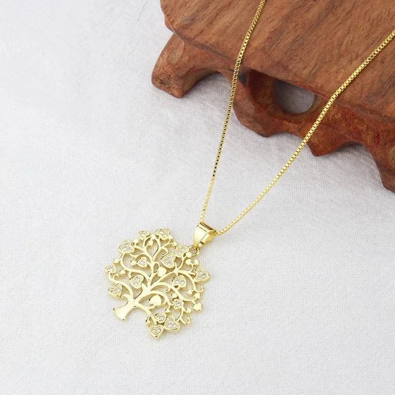 18K Gold Plated Copper Zirconia Life Tree Pendant Necklace Wedding Bridal Necklaces Latest Steel Popular Gift Jewelry For Ladies