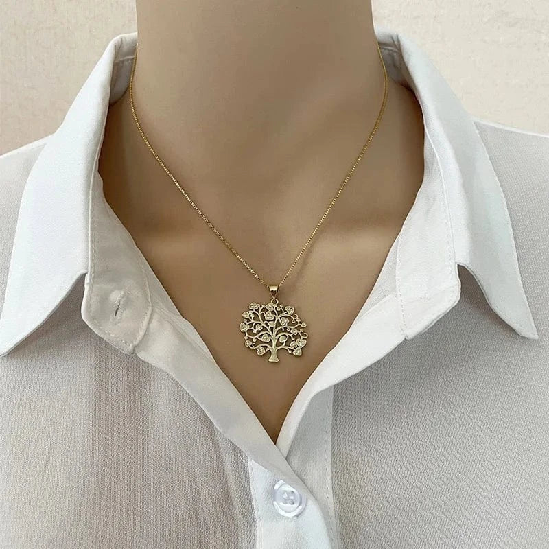 18K Gold Plated Copper Zirconia Life Tree Pendant Necklace Wedding Bridal Necklaces Latest Steel Popular Gift Jewelry For Ladies
