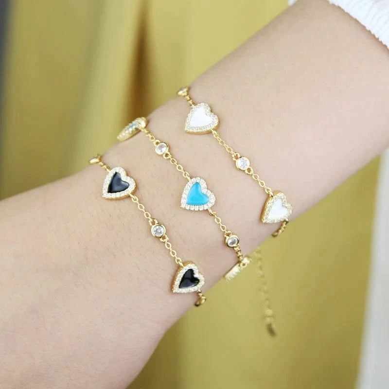 18K Gold Plated New Fashion Women Jewelry 5A CZ White Turquoise Heart Link Chain Bracelet
