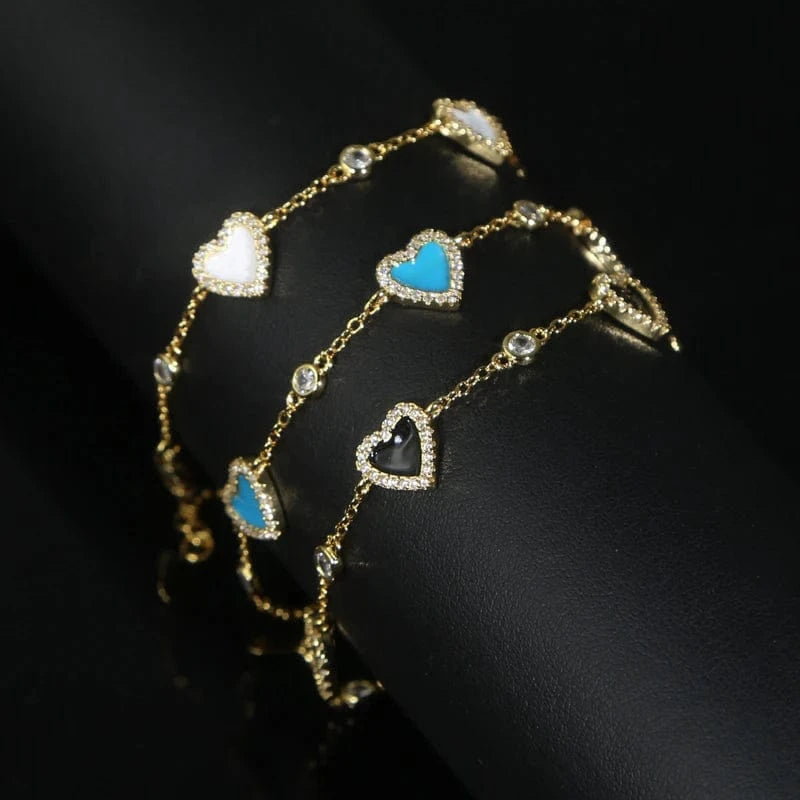 18K Gold Plated New Fashion Women Jewelry 5A CZ White Turquoise Heart Link Chain Bracelet