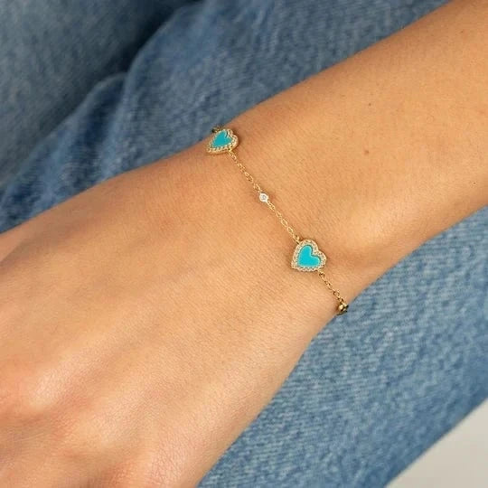 18K Gold Plated New Fashion Women Jewelry 5A CZ White Turquoise Heart Link Chain Bracelet