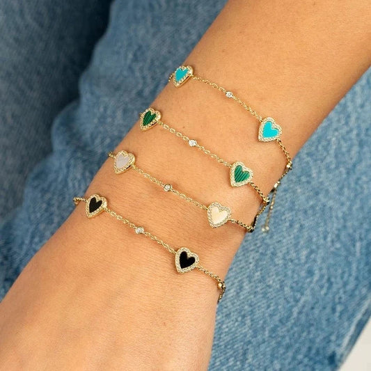 18K Gold Plated New Fashion Women Jewelry 5A CZ White Turquoise Heart Link Chain Bracelet