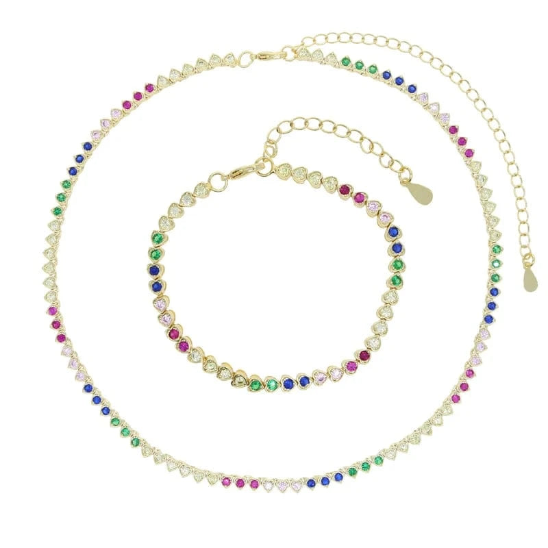 18K Gold Plated Rainbow Fashion Women Set Jewelry CZ Bezel Heart Colorful Diamond Tennis Necklace