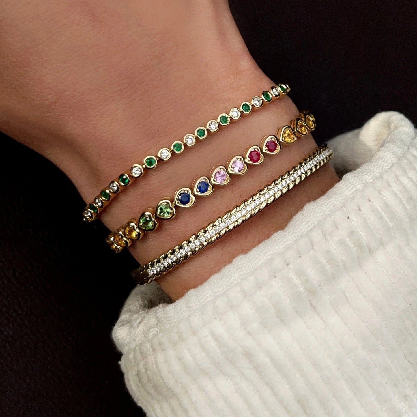 18K Gold Plated Rainbow Fashion Women Set Jewelry CZ Bezel Heart Colorful Diamond Tennis Necklace