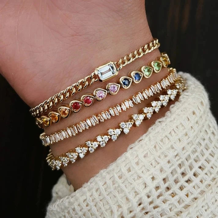 18K Gold Plated Rainbow Fashion Women Set Jewelry CZ Bezel Heart Colorful Diamond Tennis Necklace