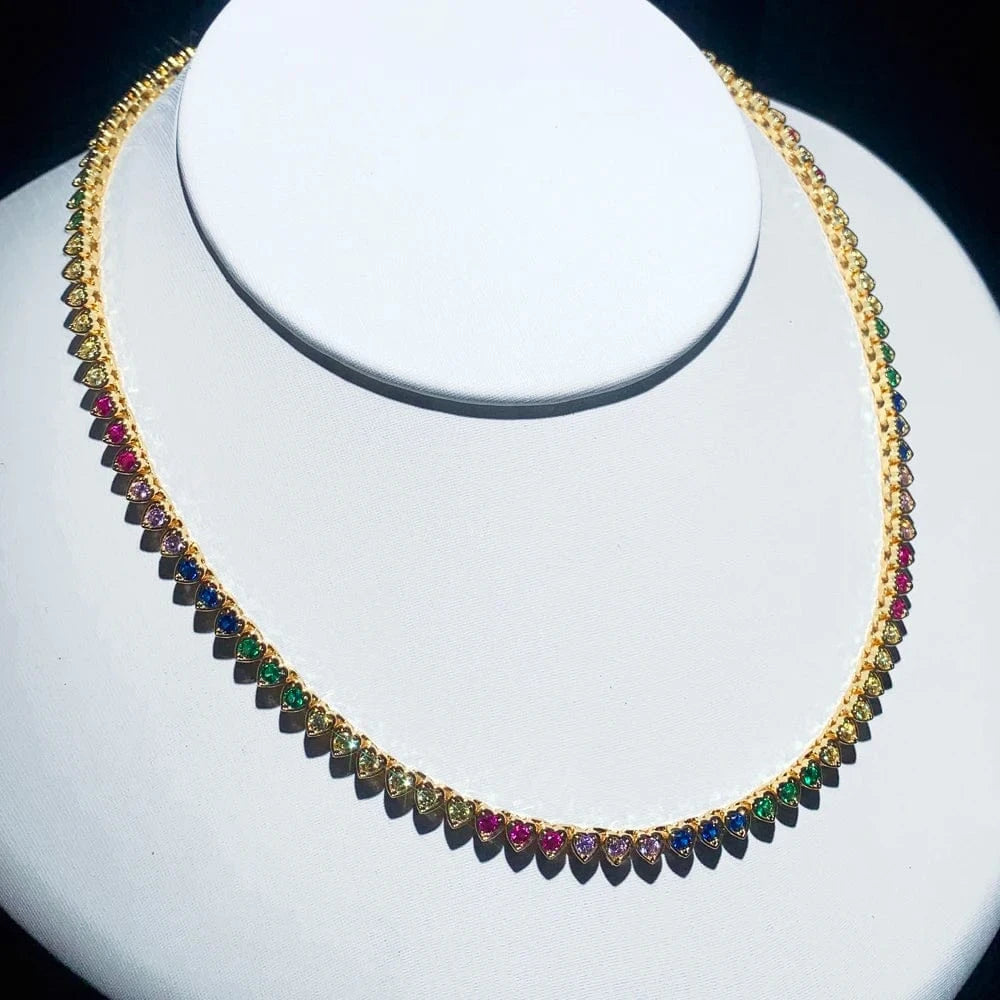 18K Gold Plated Rainbow Fashion Women Set Jewelry CZ Bezel Heart Colorful Diamond Tennis Necklace