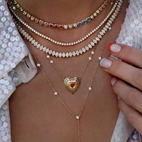18K Gold Plated Rainbow Fashion Women Set Jewelry CZ Bezel Heart Colorful Diamond Tennis Necklace