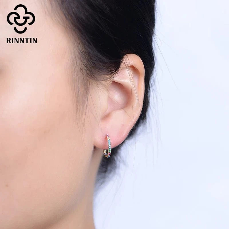 18K Gold Plated RINNTIN EQE38 Fine Jewelry 18K Gold Plated 925 Sterling Silver Rainbow Multi Color Zircon C Shaped Hoop Earrings