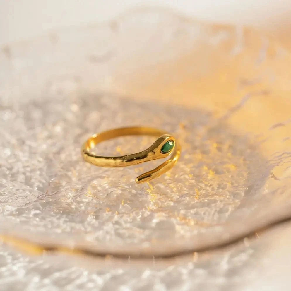 18K Gold Plated Stainless Steel  Jewelry Charm Green  Natrual Stone Snake Shaped Opening Rings