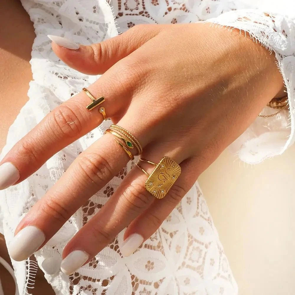 18K Gold Plated Stainless Steel  Jewelry Charm Green  Natrual Stone Snake Shaped Opening Rings