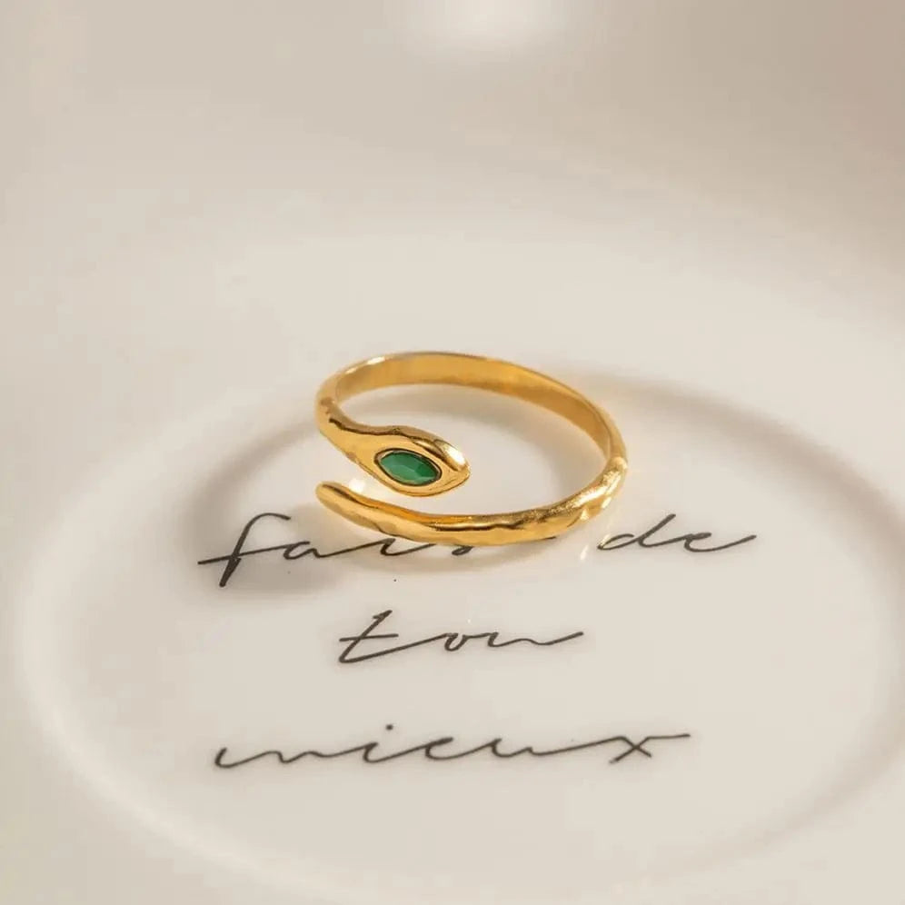 18K Gold Plated Stainless Steel  Jewelry Charm Green  Natrual Stone Snake Shaped Opening Rings